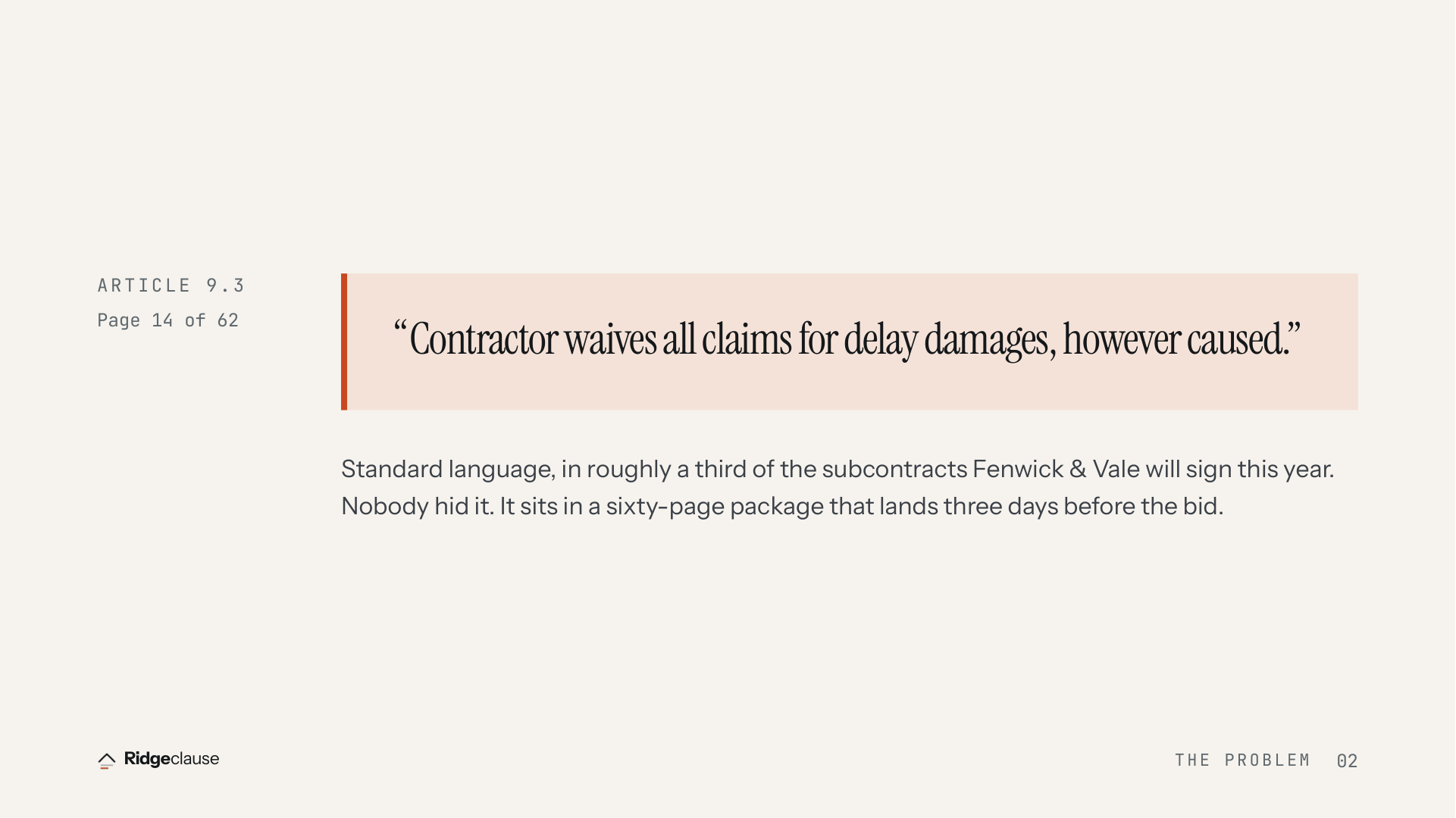 ARTICLE 9.3 — Page 14 of 62 — “Contractor waives all claims for delay damages, however caused.”
