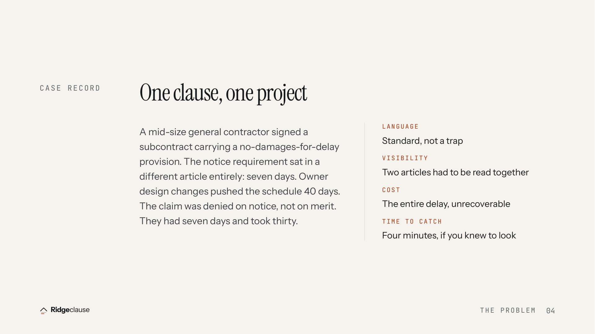 CASE RECORD — One clause, one project — A mid-size general contractor signed a subcontract carrying a no-damages-for-delay provision. The notice requirement sat