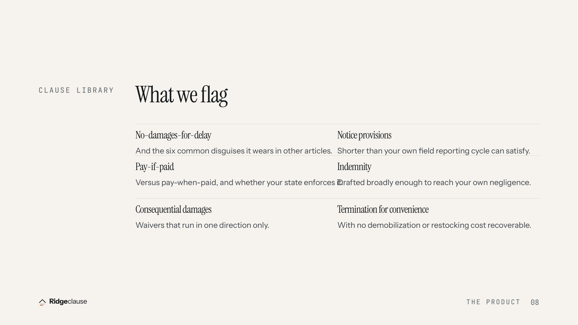 CLAUSE LIBRARY — What we flag — No-damages-for-delay