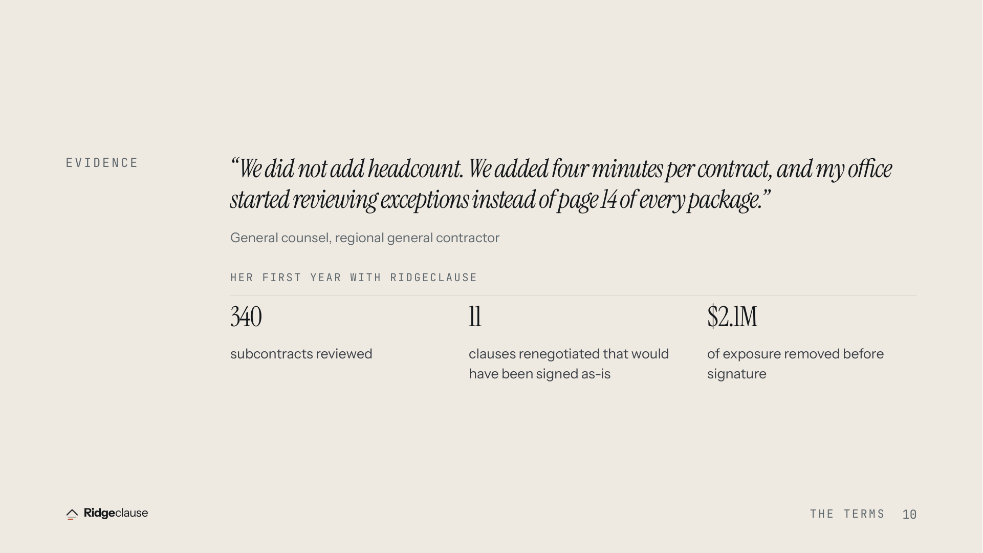 EVIDENCE — “We did not add headcount. We added four minutes per contract, and my office started reviewing exceptions instead of page 14 of every package.” — Gen