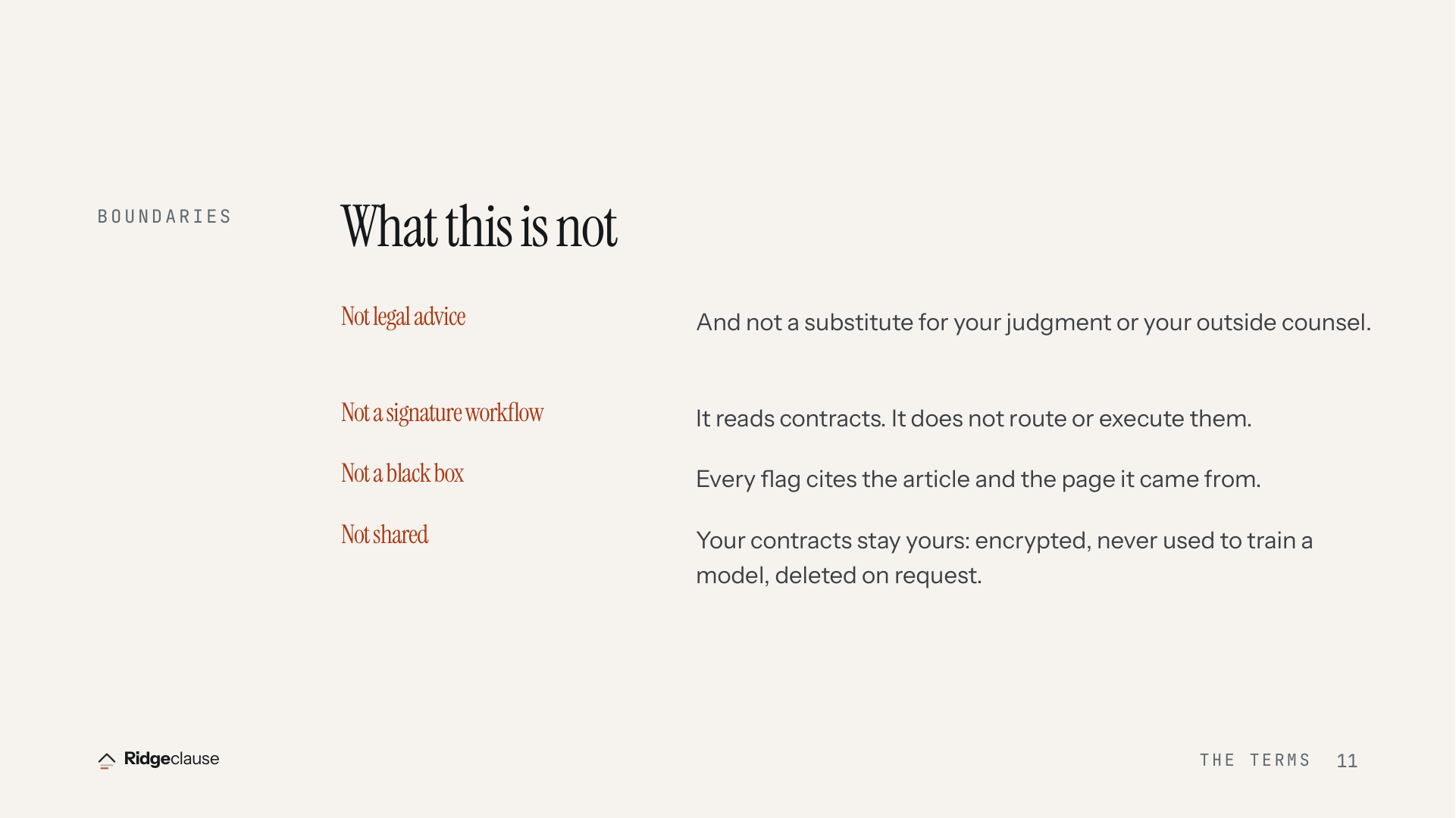 BOUNDARIES — What this is not — Not legal advice